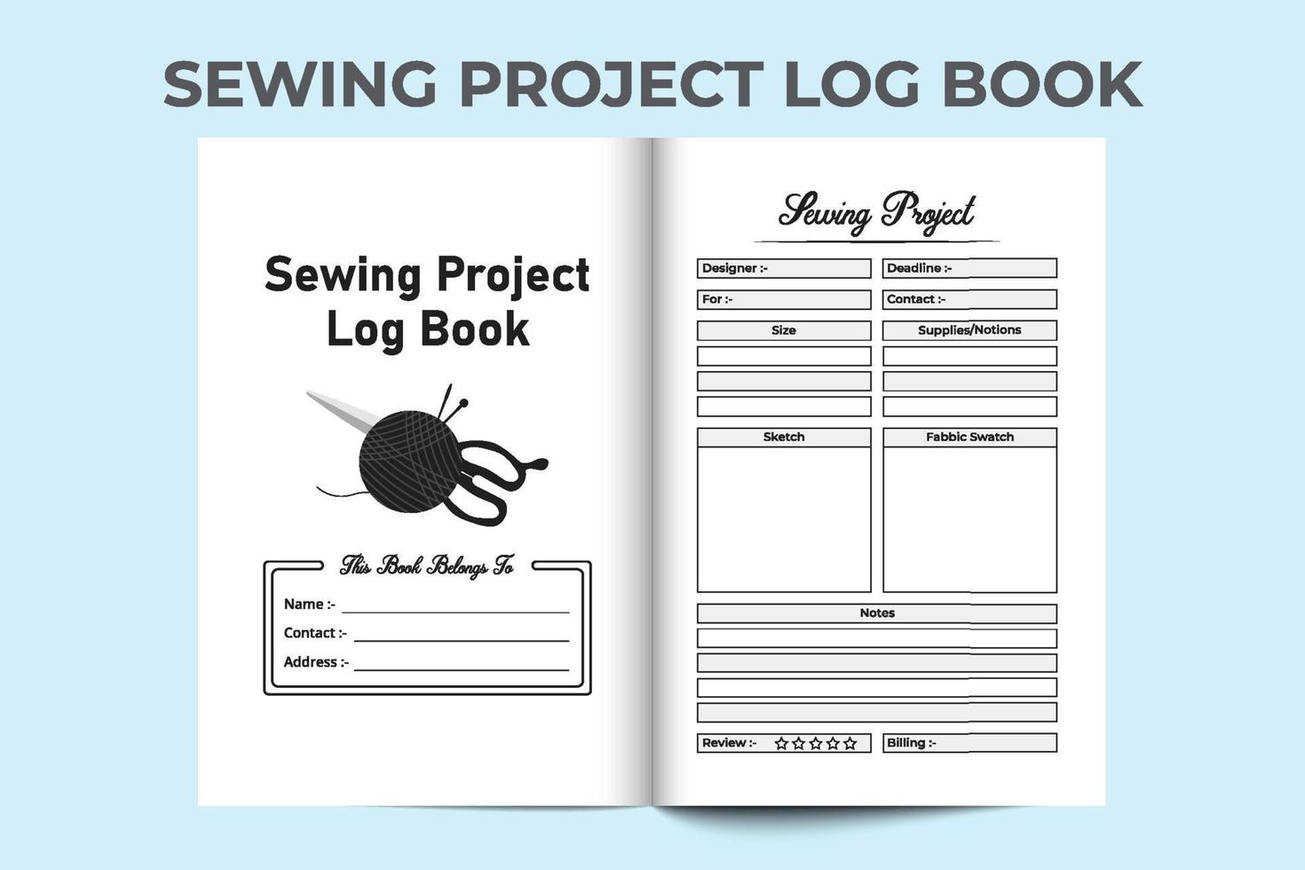 sömnad projekt journal inredning. handarbete information checker och uppgift tracker mall. insidan av en anteckningsbok. sömnad företagsinformation och kundrecension anteckningsbok interiör. vektor