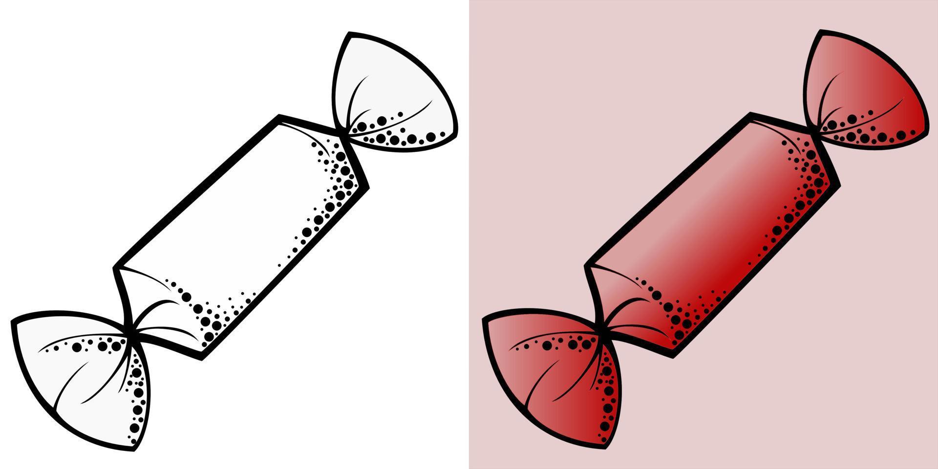 en uppsättning långa läckra godisar i rött omslag, monokrom illustration och färg vektor