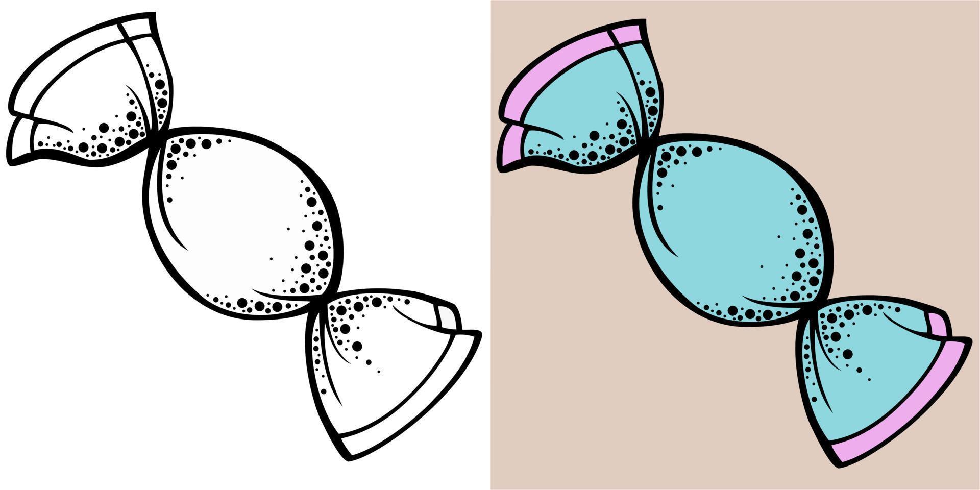 en uppsättning runda läckra godis i blått omslag, monokrom illustration och färg vektor