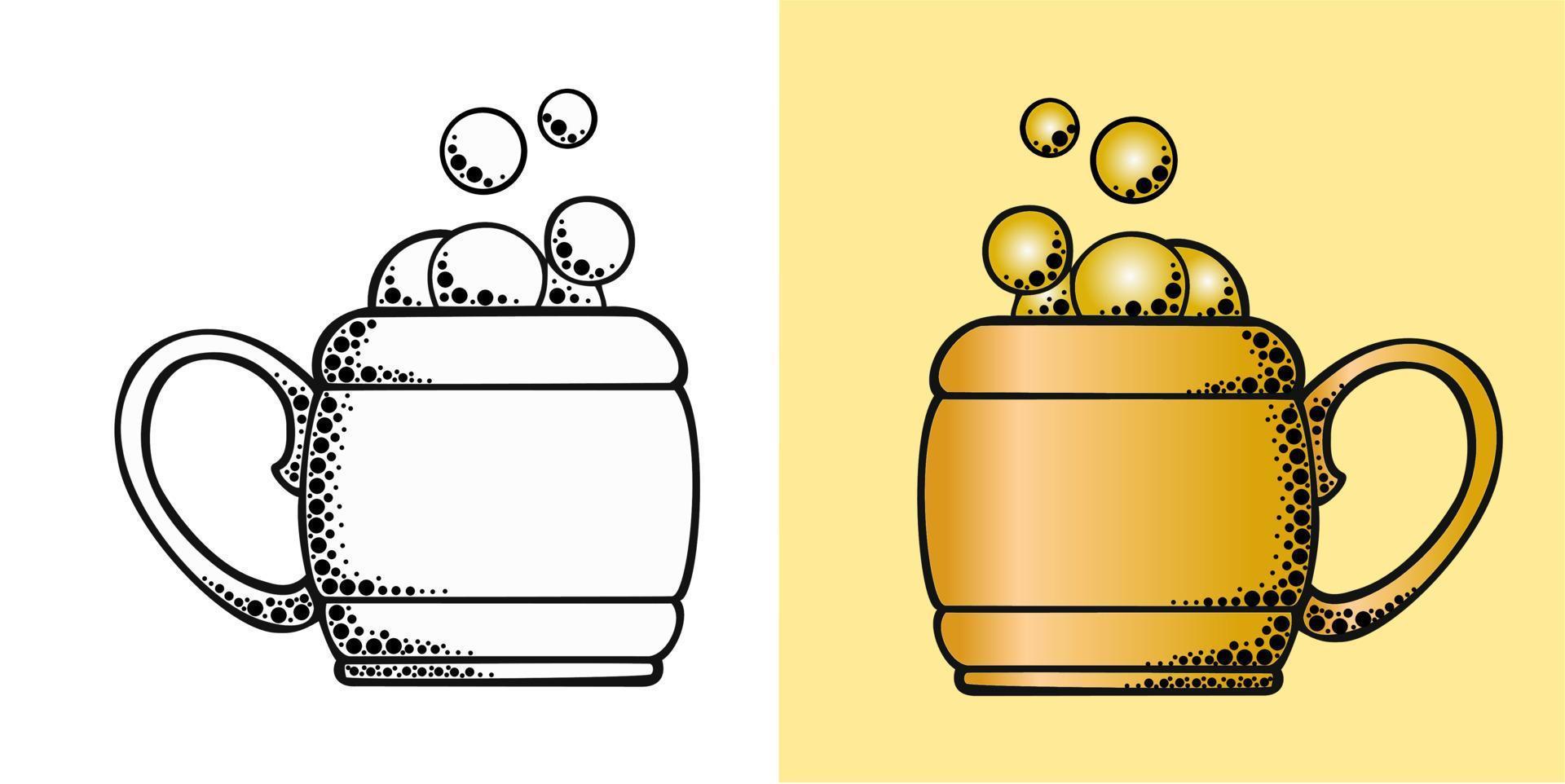 uppsättning illustrationer, gul dekorativ mugg med skumdrink, monokrom ritning vektor