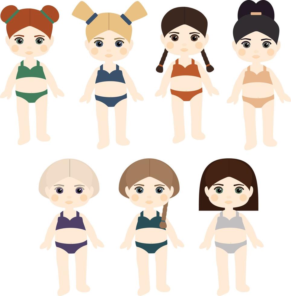 ein Satz Papierpuppen von Mädchen mit unterschiedlichen Frisuren, Augenfarben, Haaren und Badebekleidung. vektor