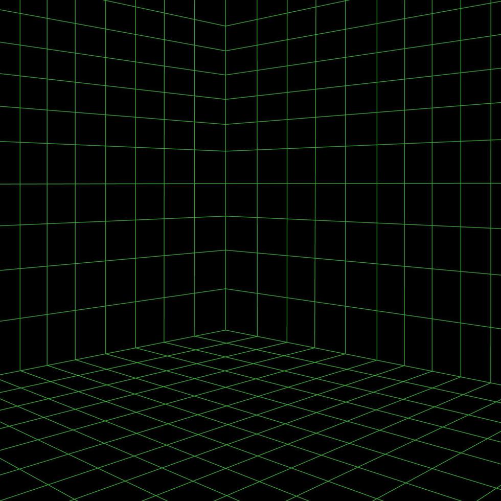 rutnätsrum i perspektiv, vektorillustration i 3d-stil. inomhus wireframe från gröna linjer, mall interiör kvadrat, digital tom box. laserstråle på svart bakgrund vektor