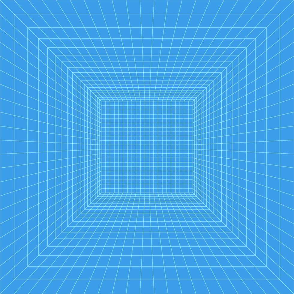 rutnätsrum i perspektiv, vektorillustration i 3d-stil. inomhus wireframe från blå linjer, mall interiör kvadrat, digital tom box. minimal bakgrundsdesign vektor