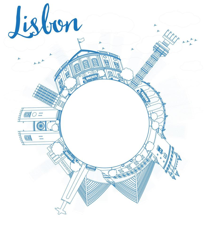 skissera Lissabon stadssilhuett med blå byggnader och kopieringsutrymme. vektor