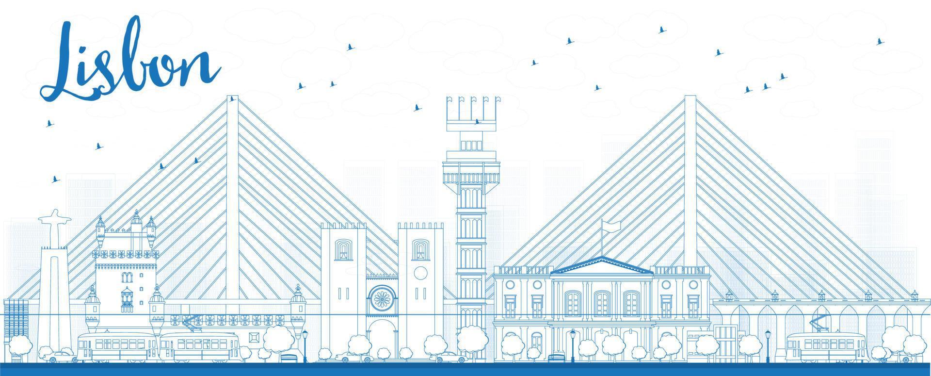 skissera Lissabon stadssilhuett med blå byggnader. vektor