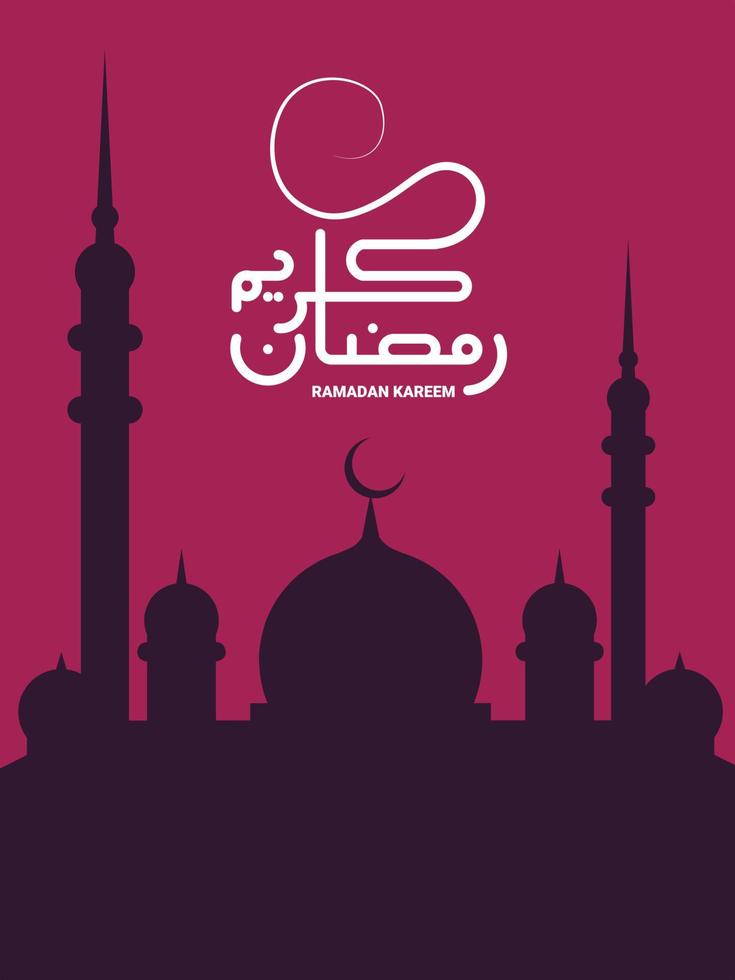 einfache design ramadan kareem grußkarte. Moscheensilhouette auf rotem Hintergrund, arabische Kalligraphie, was Ramadan Kareem bedeutet, Vektorillustration. vektor