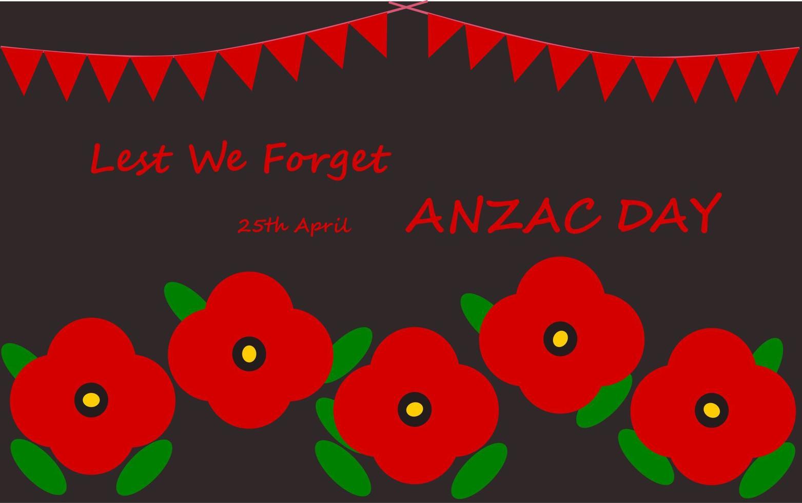 anzac-tagesvektorkarte oder -fahne, illustration mit mohnblume und grünen blättern und damit wir die phasen des 25. april nicht vergessen. nationaler gedenktag in australien und neuseeland. vektor