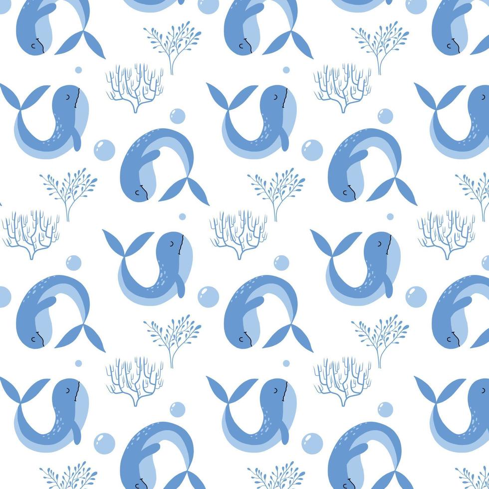 Muster mit niedlichen Blauwalen und Algen. handgezeichnetes Muster für Kinder. Vektormuster mit Meerestieren. vektor