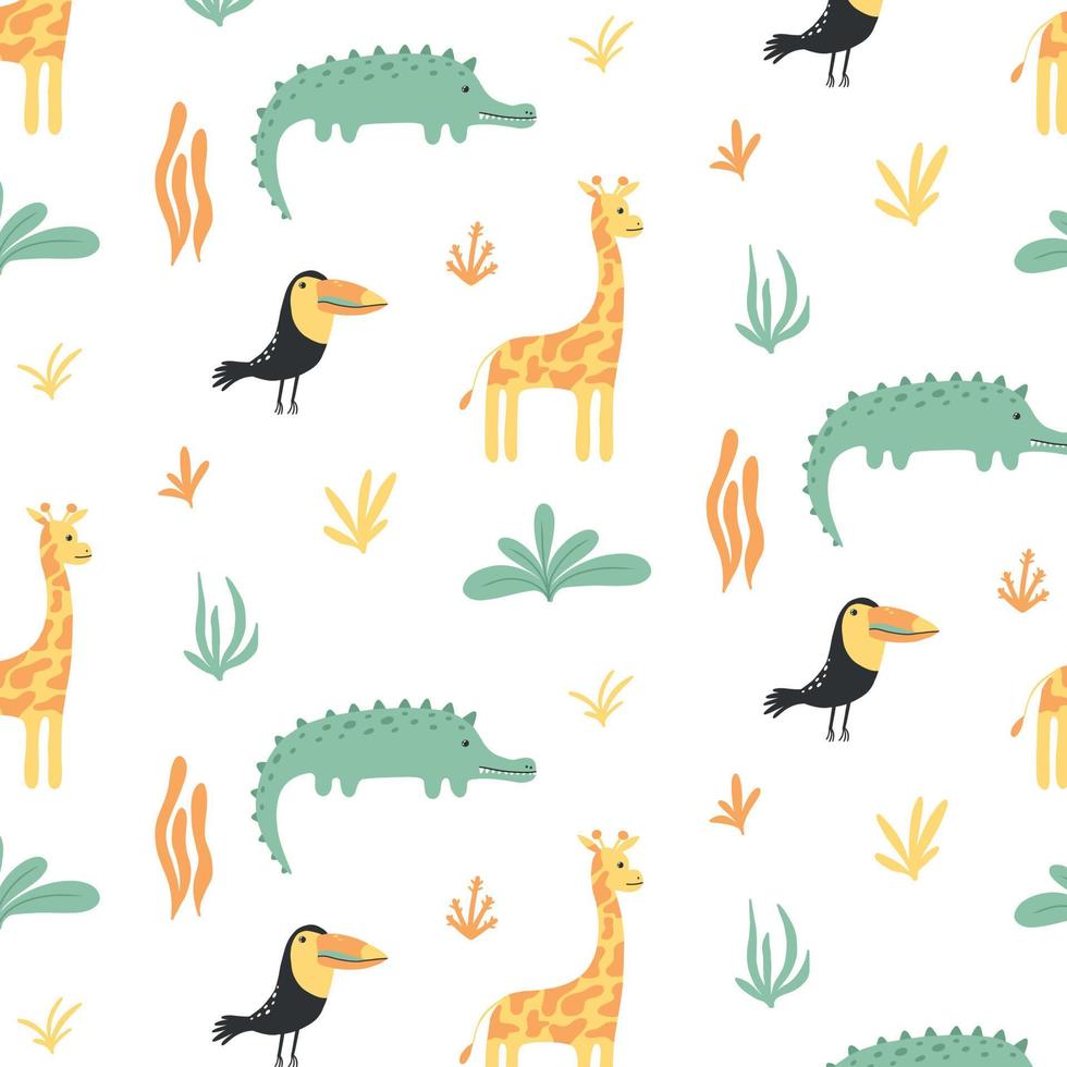 barnsligt mönster med djungeldjur. handritat sött mönster med krokodil, tukan och giraff. safari pattern.vector illustration. vektor