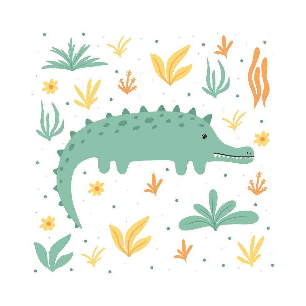 süßes grünes Krokodil mit Pflanzen. Kinderposter mit einem Krokodil. Postkarte mit Alligator. hand gezeichnete style.vector illustration. vektor