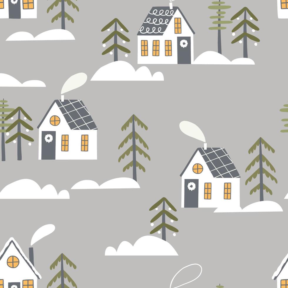 platt mönster med vinterhus, granar, snödrivor. design för tyg, omslagspapper, bakgrund. vektor
