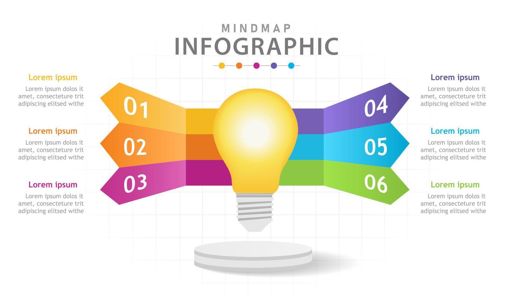 infographic mall för företag. 6 steg modern mindmap diagram med glödlampa, presentation vektor infographic.