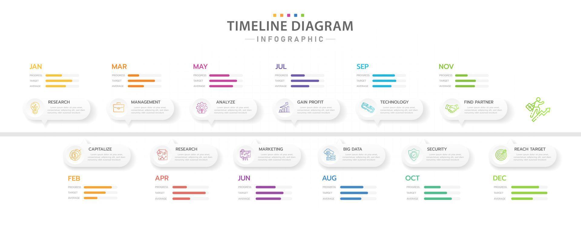 infographic mall för företag. 12 månaders tidslinjediagram kalender med moderna ikoner, presentationsvektor infographic. vektor