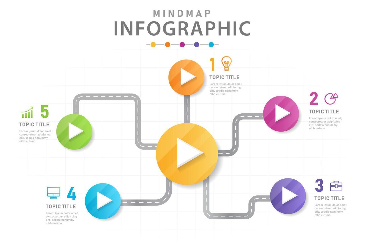 Infografik-Vorlage für Unternehmen. 5 Schritte modernes Mindmap-Diagramm mit Straßen. vektor