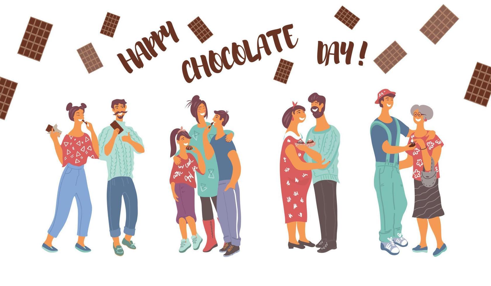 vorlage für den weltschokoladentag das plakat oder die karte mit verschiedenen menschen behandeln sich mit flacher vektorillustration der schokolade. Banner mit Zeichentrickfiguren und Happy Chocolate Day Inschrift. vektor