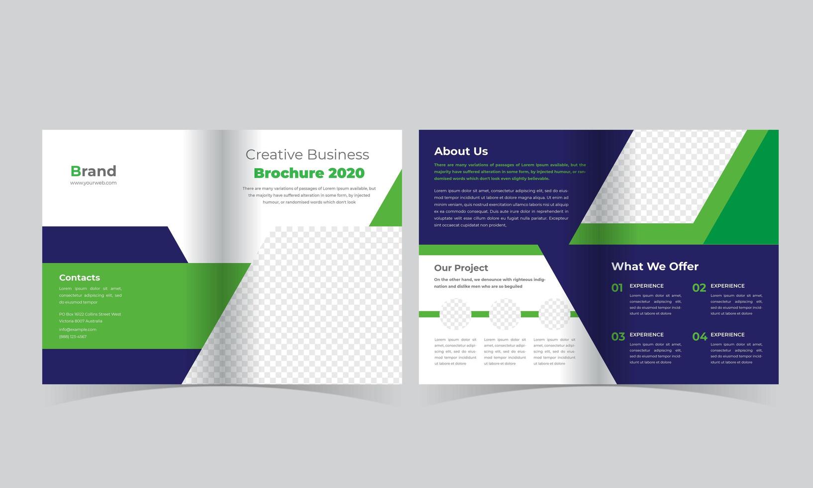 grön och blå vinkel design tvåfaldig broschyr vektor