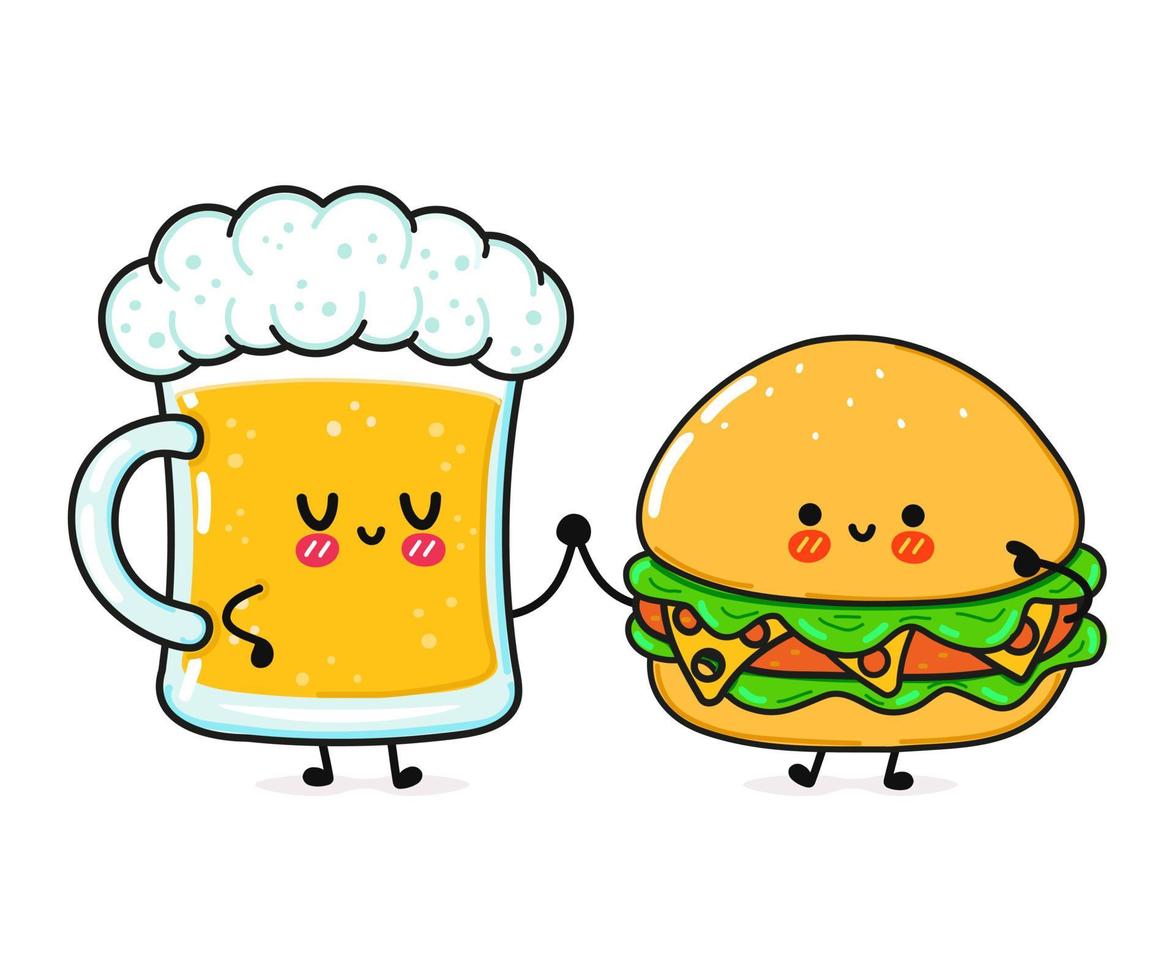 söt, rolig glad hamburgare och öl. vektor handritad serie kawaii tecken, illustration ikon. rolig tecknad hamburgare och öl maskot karaktär koncept