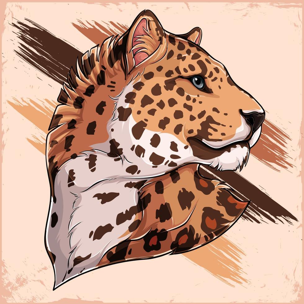 Illustration des persischen Leopardenkopfes mit blauen Augen, die isoliert auf Vintage-Hintergrund zu seiner Seite schauen vektor