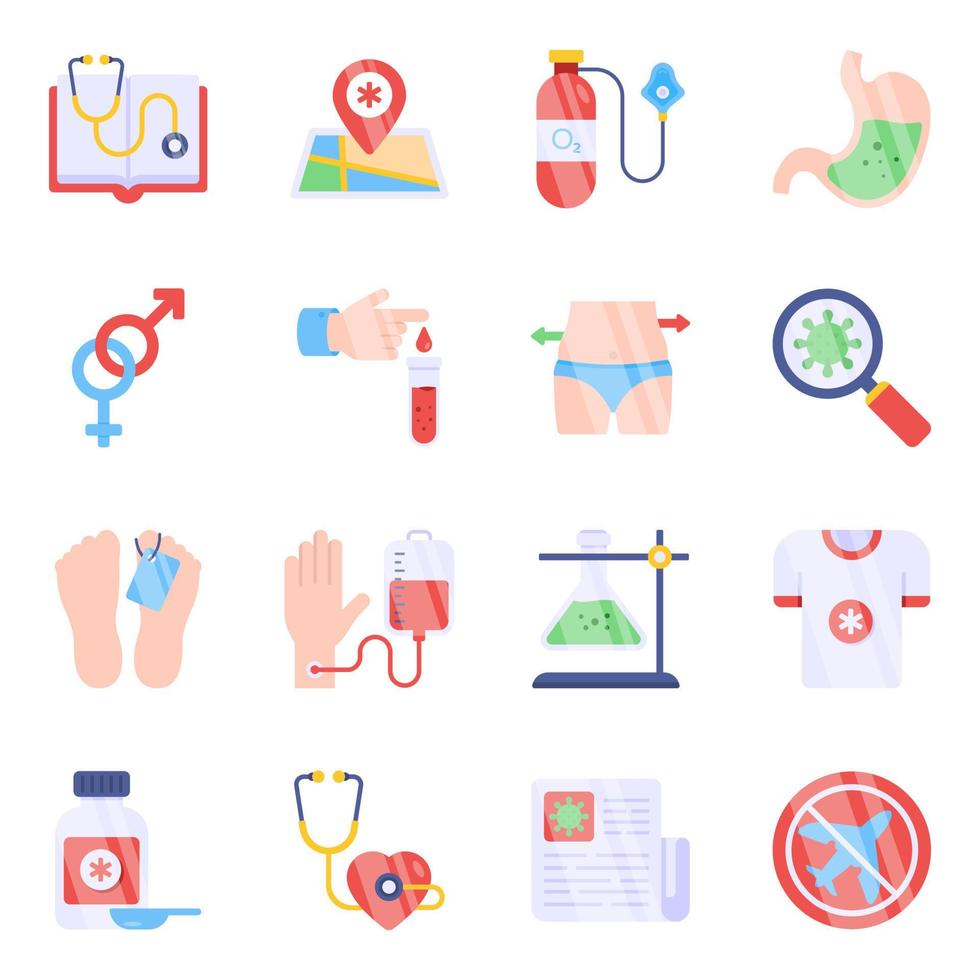 förpackning med medicinska verktyg platta ikoner vektor