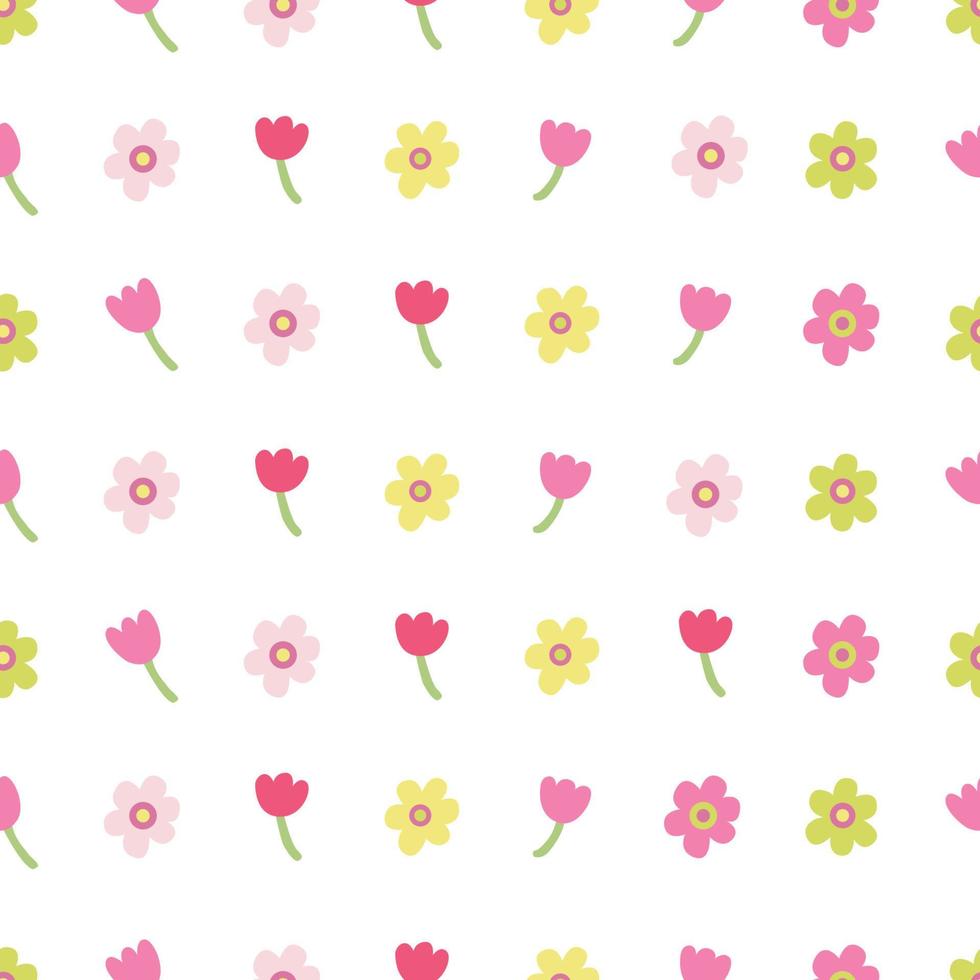 seamless mönster med färgglada daisy och tulpan blommor. perfekt för tyg, omslagspapper, påskdesign. handritad platt illustration på vit bakgrund. vektor