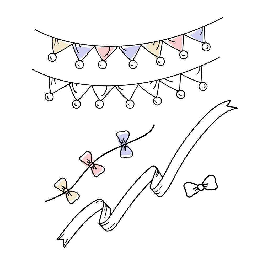 uppsättning av handritad karneval krans med flaggor. festlig mångfärgad triangel för semesterdesign. handritad doodle stil illustration. vektor