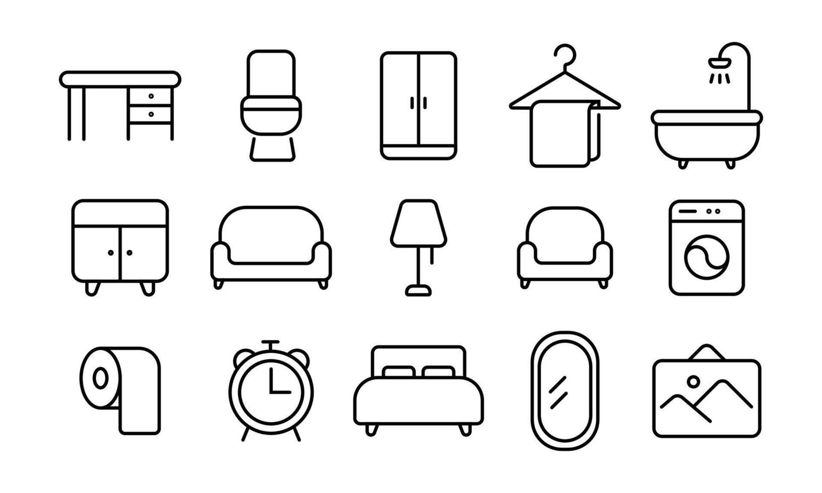 den redigerbara strecklinjen med piktogramuppsättning relaterade till hemmöbler. inredningsikonsamlingen för webbgränssnitt och andra mönster i enkla konturer. vektor