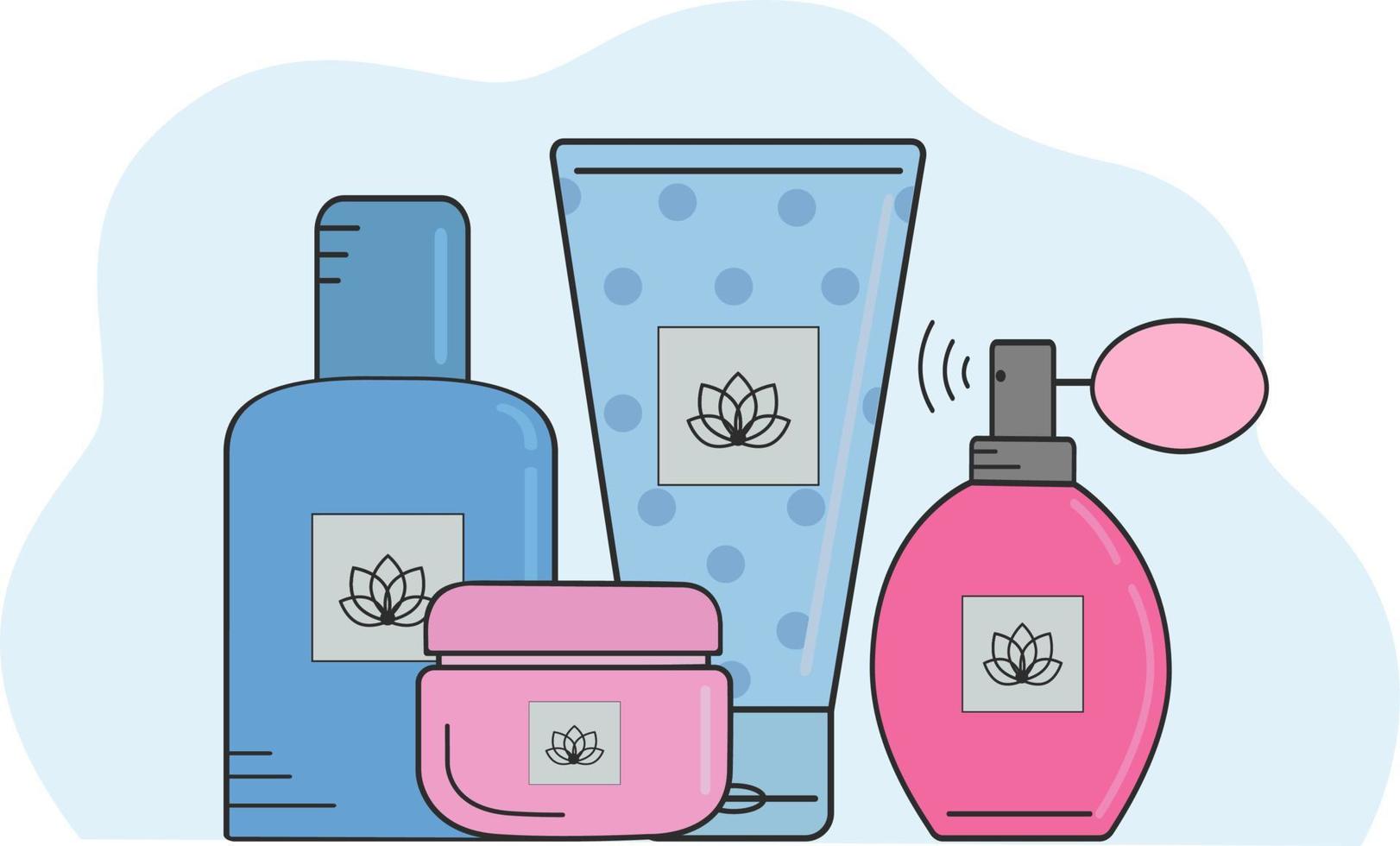 vektor handgezeichnete illustration von kosmetischen produkten für die hautpflege. Illustrationen für Websites, Zeitschriften und Anwendungen