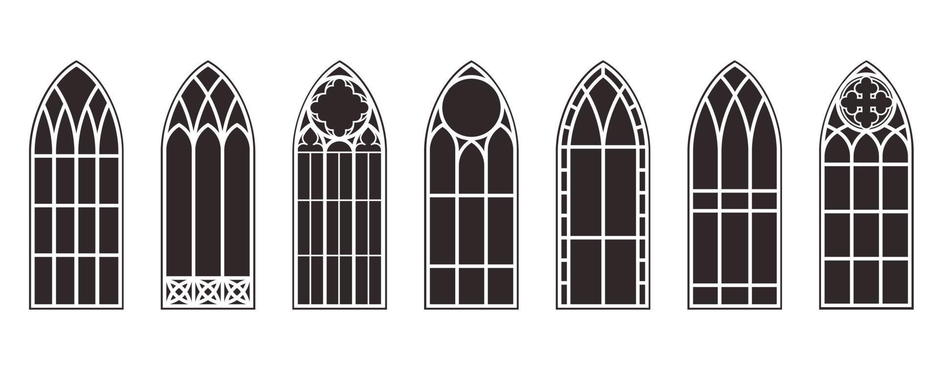 Umrissset für gotische Fenster. Silhouette von alten Kirchenrahmen aus Buntglas. Element der traditionellen europäischen Architektur. Vektor-Illustration vektor