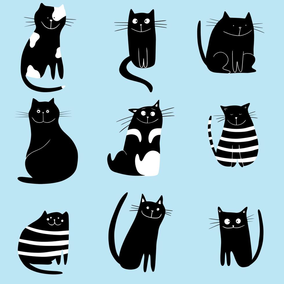 Schwarz-Weiß-Set Cartoon-Katzen, handgezeichnet. stilisierte Zeichen. vektor