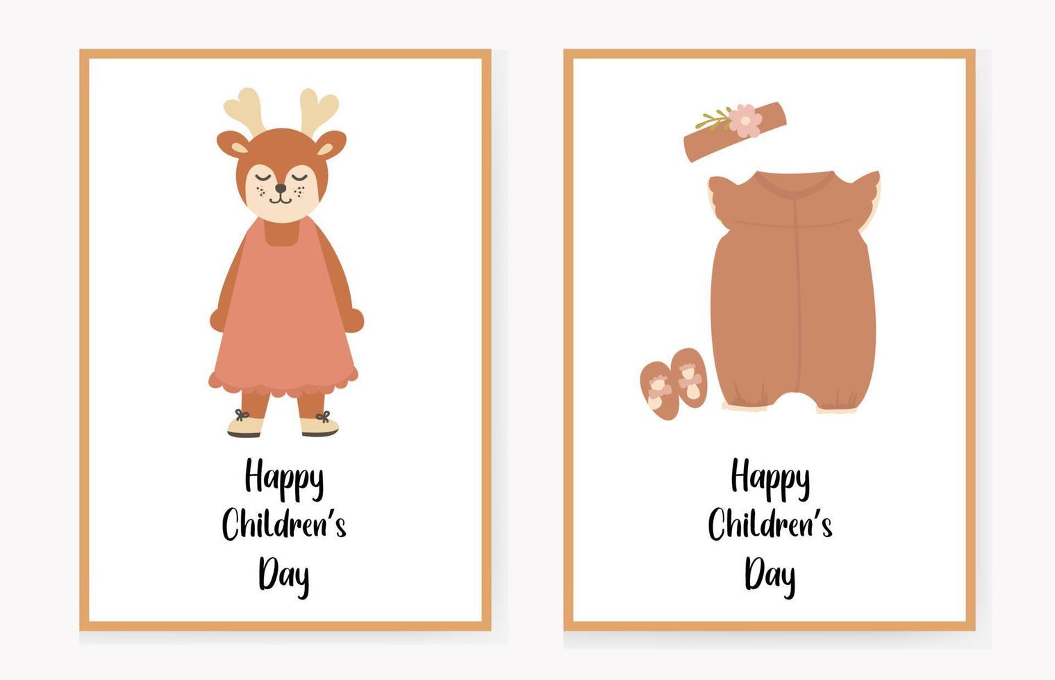 Satz Einladungskarten für Kinder mit einem süßen Hirsch in einem Kleid und Kinderkleidung. Glückwunsch. Vektor-Illustration. vektor