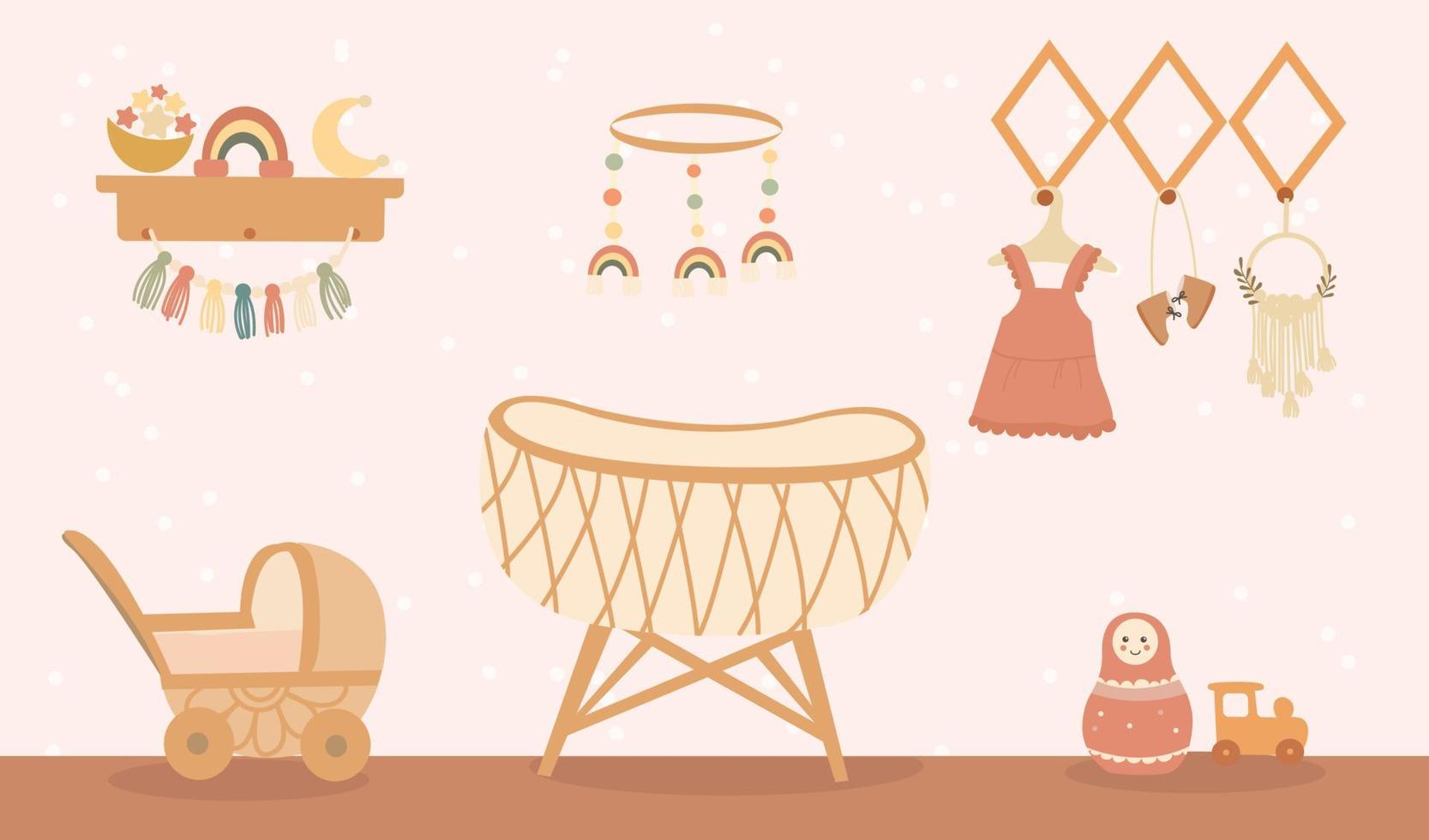 Kinderzimmer für ein Mädchen im Boho-Stil. vektorillustration in einem flachen stil. das konzept des innenraums des kinderzimmers vektor