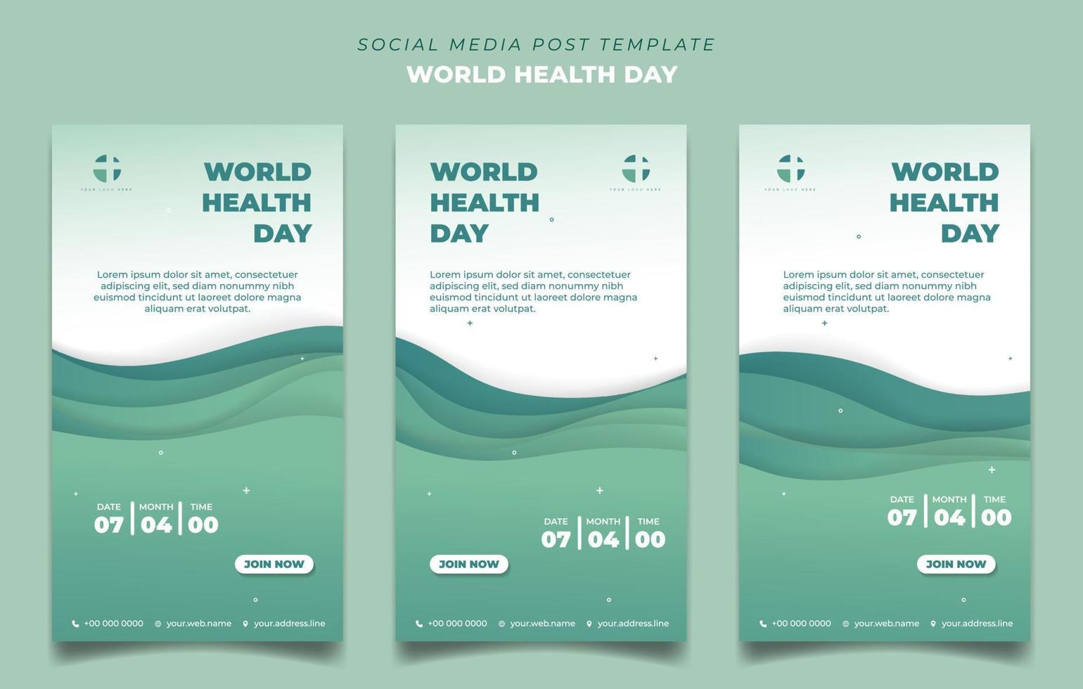 Satz von Social-Media-Vorlagen in Grün und Weiß mit einfachem Papierschnitt-Wellenhintergrund-Design. grüne Vorlage für soziale Medien im Gesundheitswesen. vektor