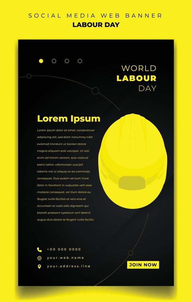 Porträt-Web-Banner-Design für den Tag der Arbeit mit schwarzem und gelbem Hintergrunddesign vektor
