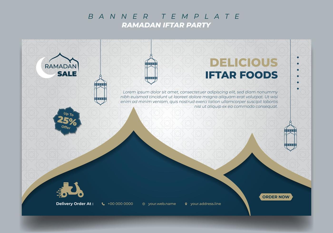 banner mall i blått och vitt med islamisk bakgrundsdesign. iftar betyder frukost. vektor