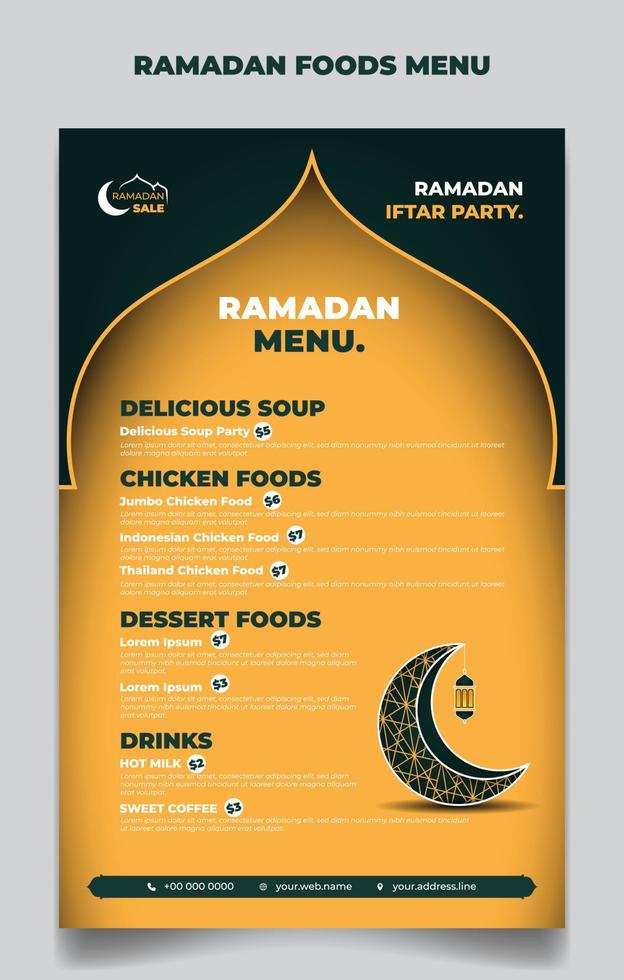 ramadan-menüvorlage im gelben und grünen islamischen hintergrund mit mond- und laternendesign. vektor