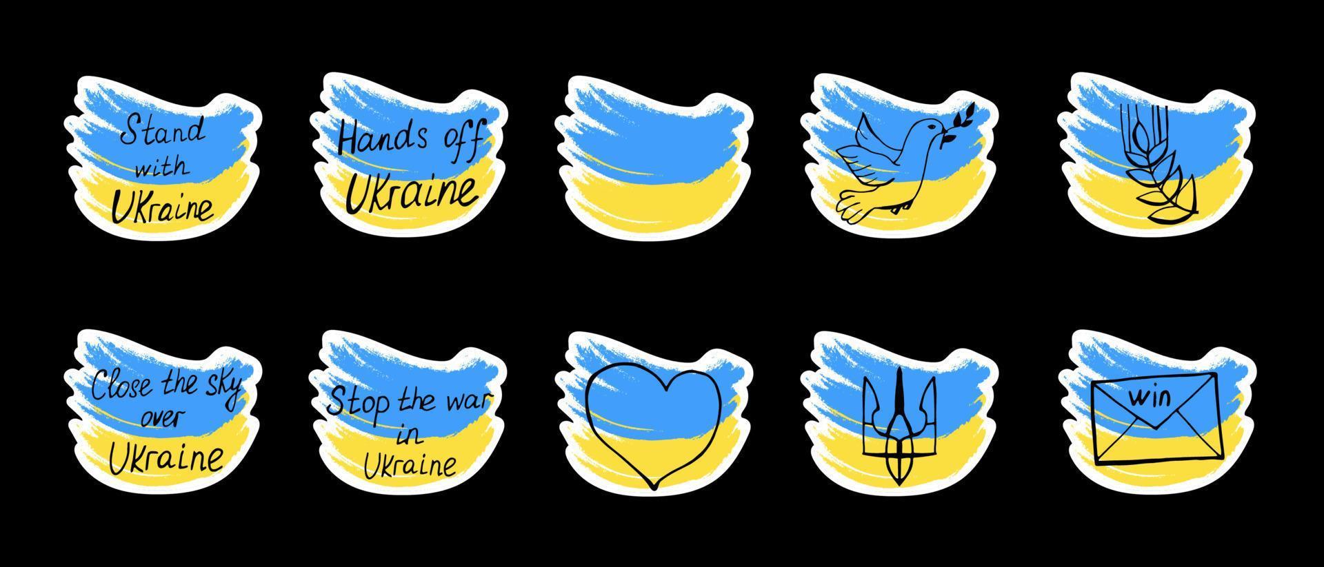 satz handgezeichneter aufkleber mit ukrainischen symbolen. Ständer mit Ukraine-Aufkleber. Schließen Sie den Himmel über dem Ukraine-Aufkleber. Stoppen Sie den Krieg im Ukraine-Aufkleber. hände weg von ukraine sticker.vector illustration. vektor