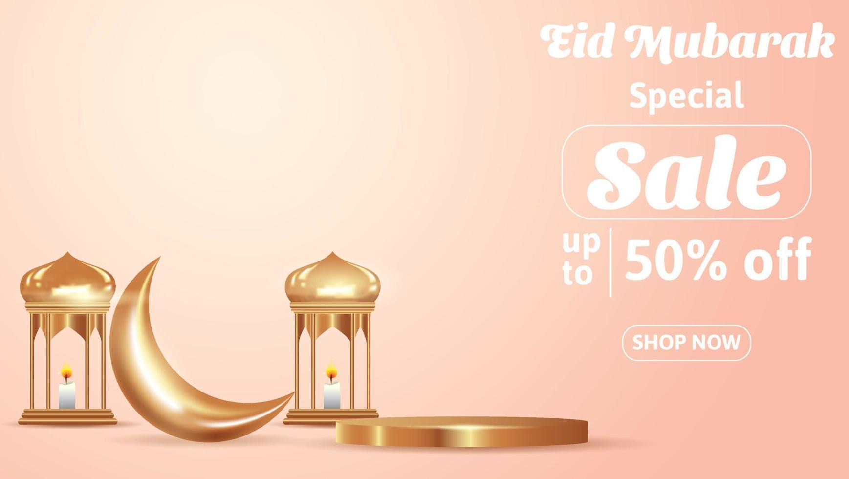 eid mubarak rea banner med realistisk gyllene lykta, måne och podium. vektor illustration