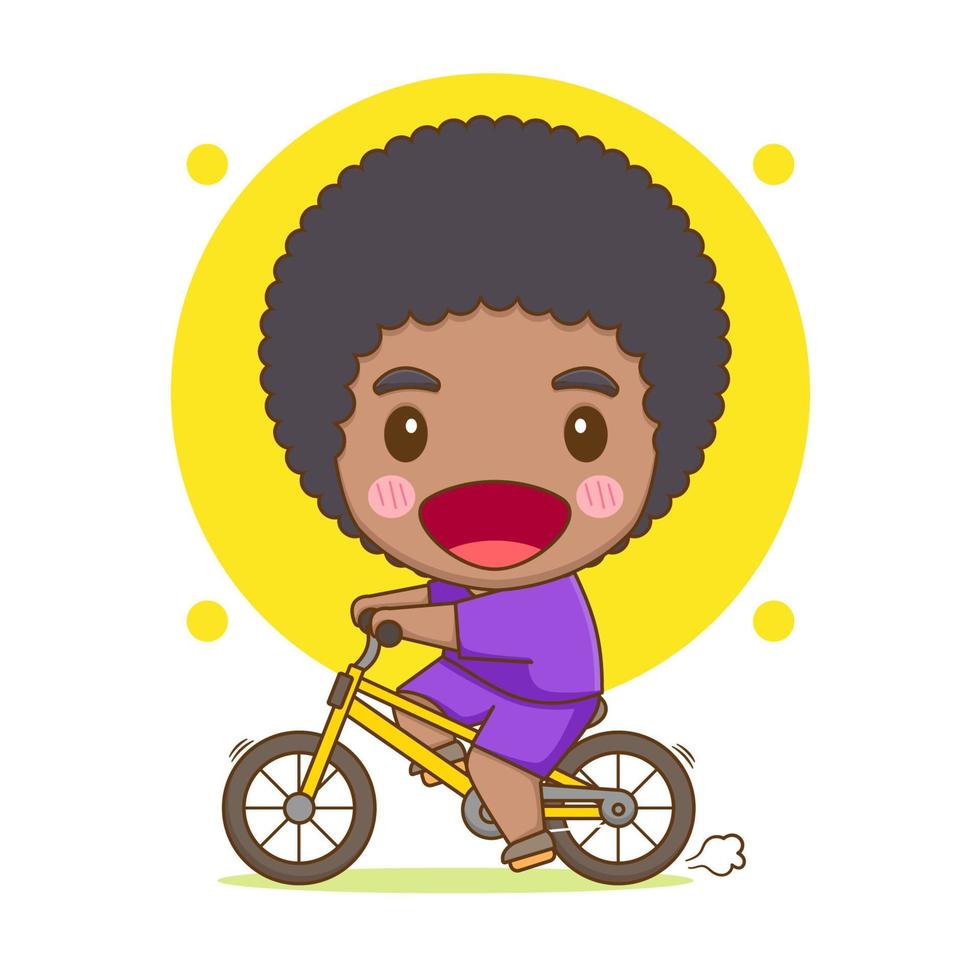 glücklicher süßer kinderjunge, der fahrrad chibi handgezeichnete zeichentrickfigur fährt vektor