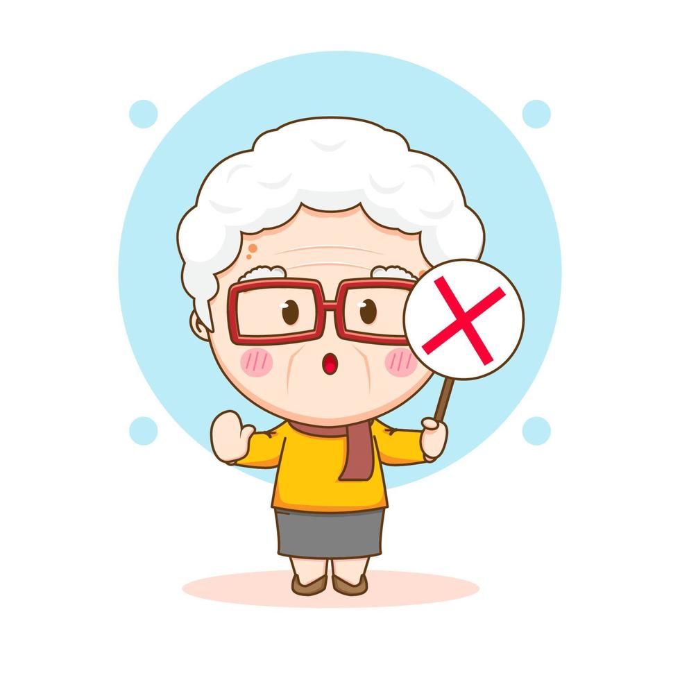 söt mormor håller fel tecken Chibi handritad seriefigur vektor