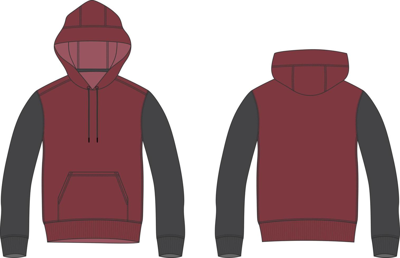 zweifarbige rote und schwarze Farbe Langarm Hoodie technische Mode flache Skizze Vektor Illustration Vorlage Vorder- und Rückansichten isoliert auf weißem Hintergrund.