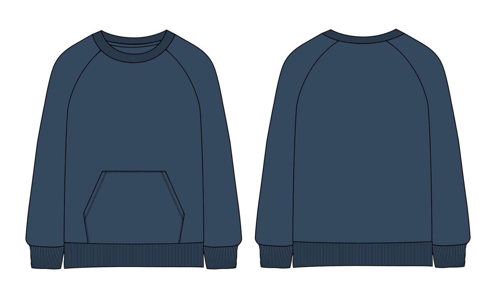 Langarm-Sweatshirt technische Mode flache Skizze Vektor-Illustration marineblaue Farbvorlage Vorder- und Rückansicht isoliert auf weißem Hintergrund. vektor