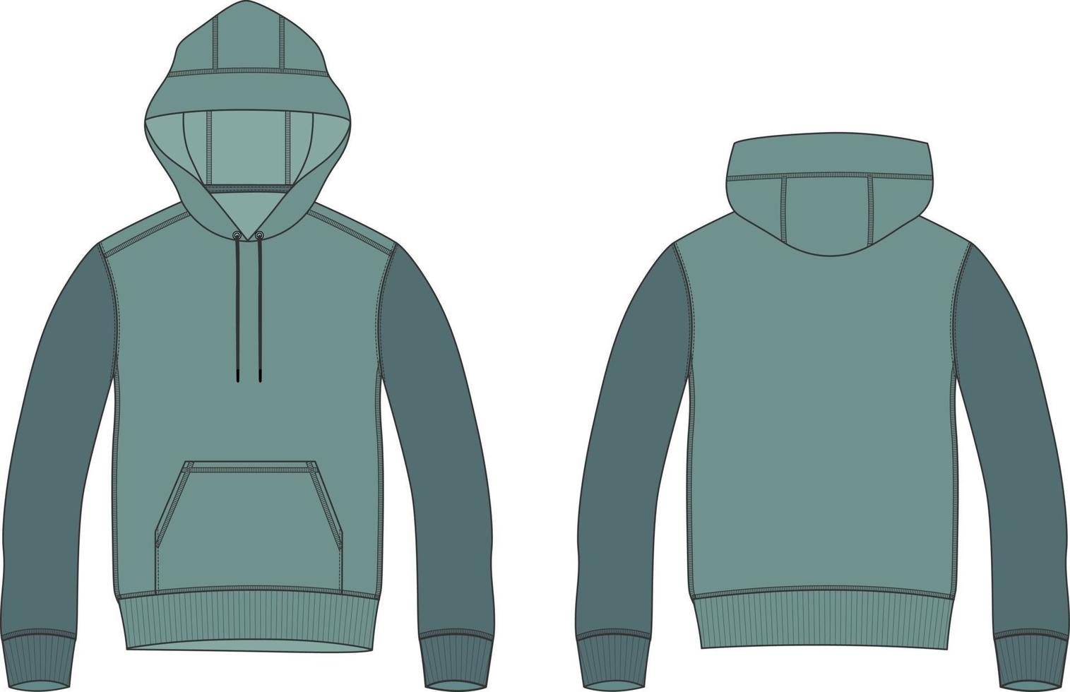 Zweifarbige grüne Farbe Langarm Hoodie technische Mode flache Skizze Vektor Illustration Vorlage Vorder- und Rückansicht isoliert auf weißem Hintergrund.