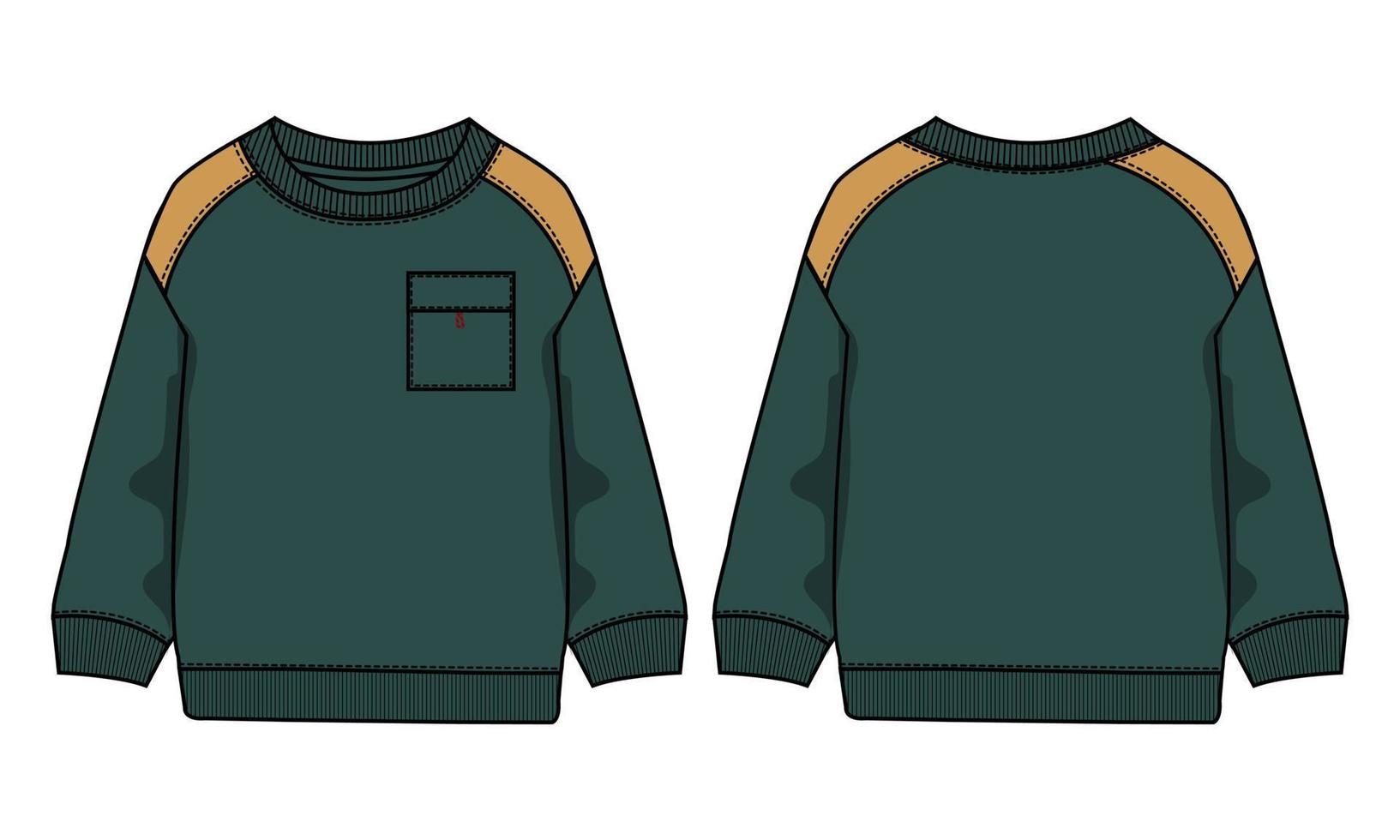 Langarm-Sweatshirt mit Tasche technische Mode flache Skizze Vektor-Illustration grüne Farbvorlage Vorder- und Rückansichten isoliert auf weißem Hintergrund. vektor