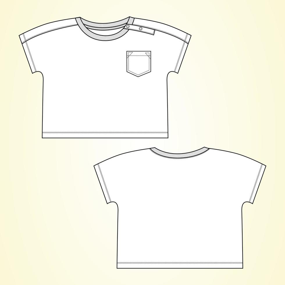 kurzarm mit tasche t-shirt technische skizze mode flache vorlage für kinder. Vektorgrafik-Kleidungsmock vorne, hinten. Kleidung Kleidung Kleid Design einfach zu bearbeiten und anpassbar. vektor