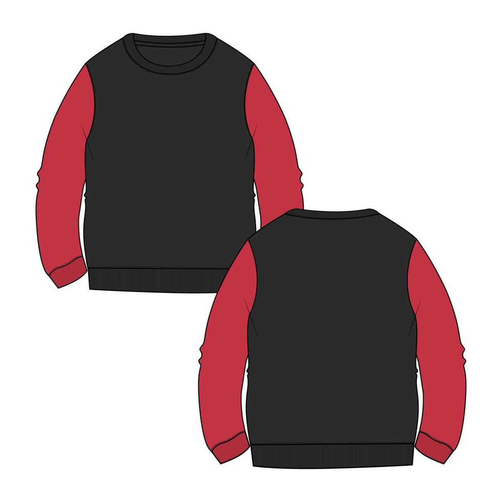 tvåfärgad röd, svart färg rund hals långärmad sweatshirt övergripande mode platt skiss teknisk ritning vektor mall för män. klänning design mockup cad illustration.