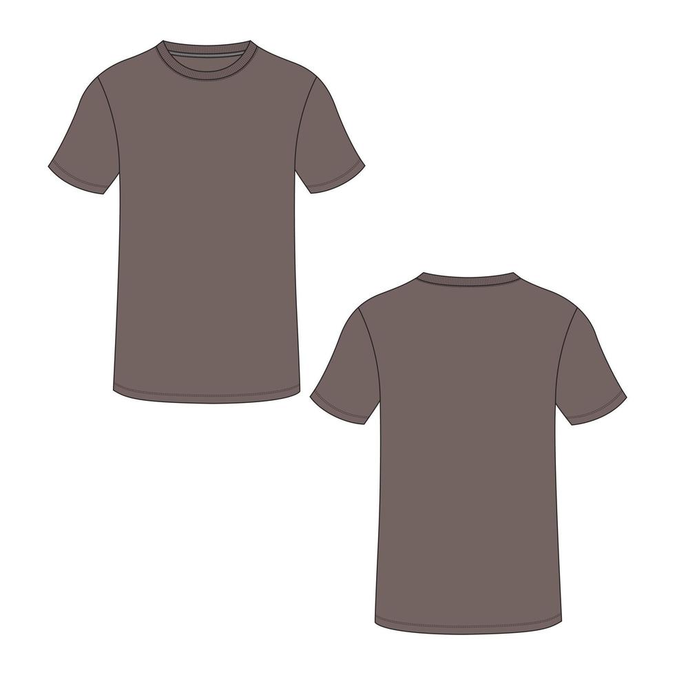 kurzärmliges T-Shirt mit normaler Passform, technische Mode, flache Skizze, Vektorgrafik, khakifarbene Farbvorlage, Vorder- und Rückansicht. vektor