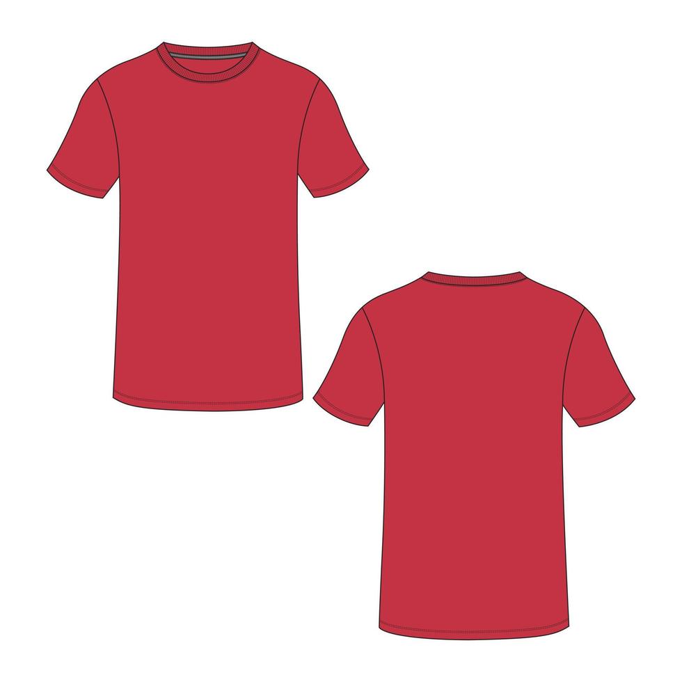 Regular Fit Kurzarm T-Shirt technische Mode flache Skizze Vektor Illustration rote Farbvorlage Vorlage Vorder- und Rückansicht.