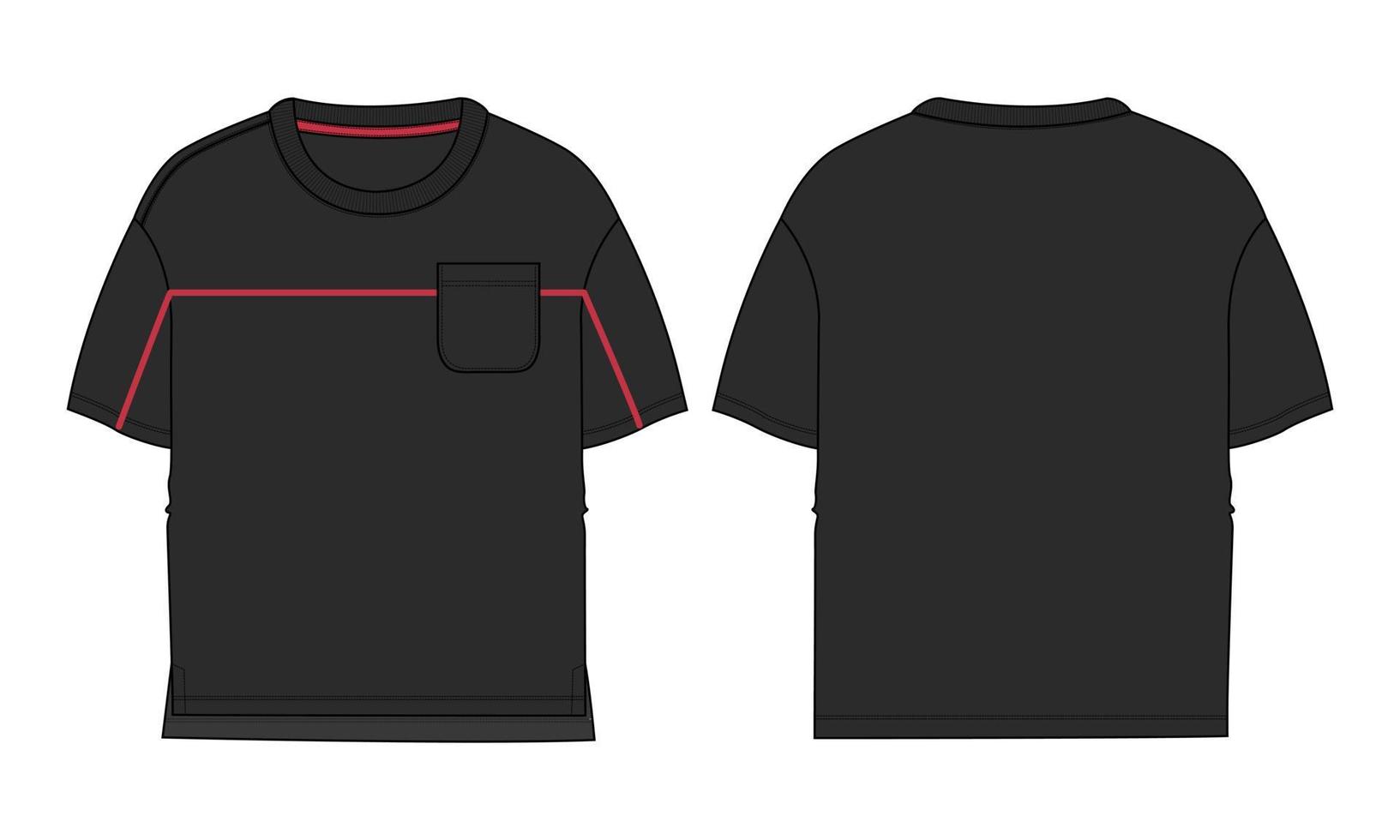 kortärmad grundläggande t-shirt övergripande tekniska mode platt skiss vektorillustration svart färg mall fram- och bakvyer. grundläggande kläddesign mock up för barn, pojkar vektor