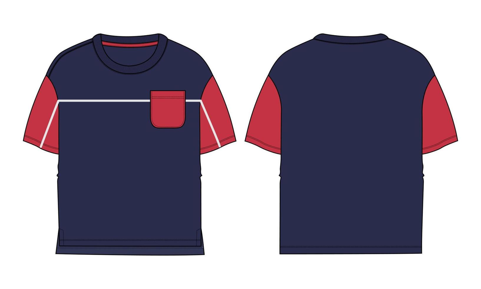 zweifarbige marine, rote farbe kurzarm basic t-shirt insgesamt technische mode flache skizze vektor illustration vorlage vorder- und rückansichten. grundlegendes kleidungsdesign-modell für kinder, jungen