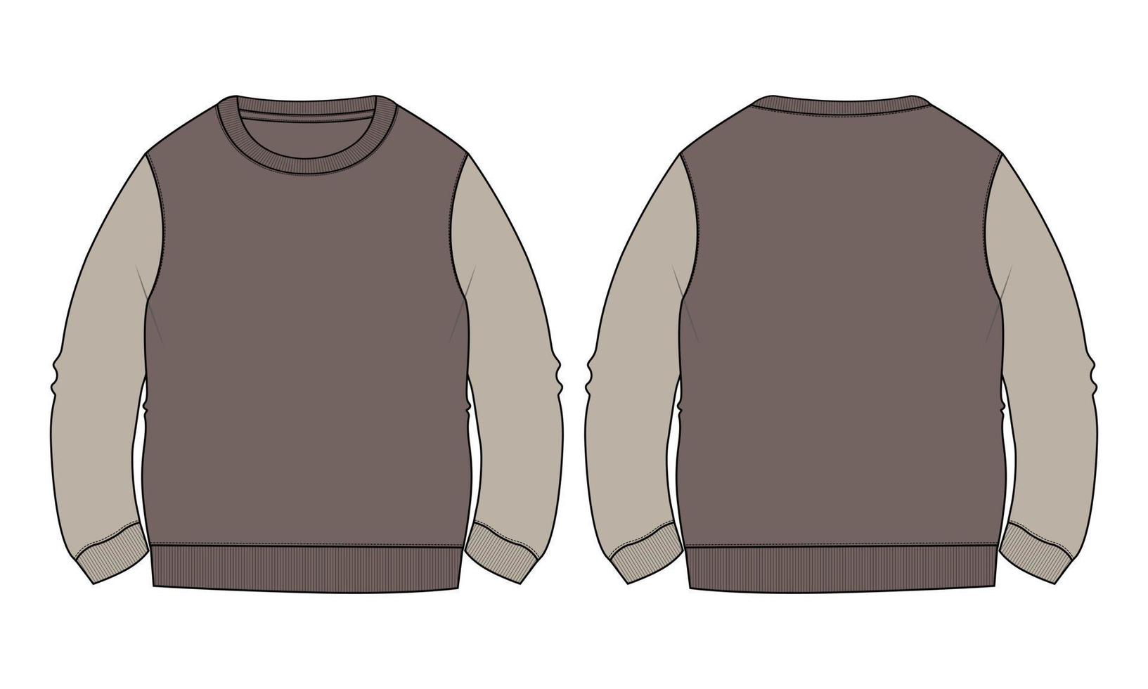 tvåfärgad khaki färg rund hals långärmad sweatshirt övergripande mode platt skiss teknisk ritning vektor mall för män. klänning design mockup cad illustration.